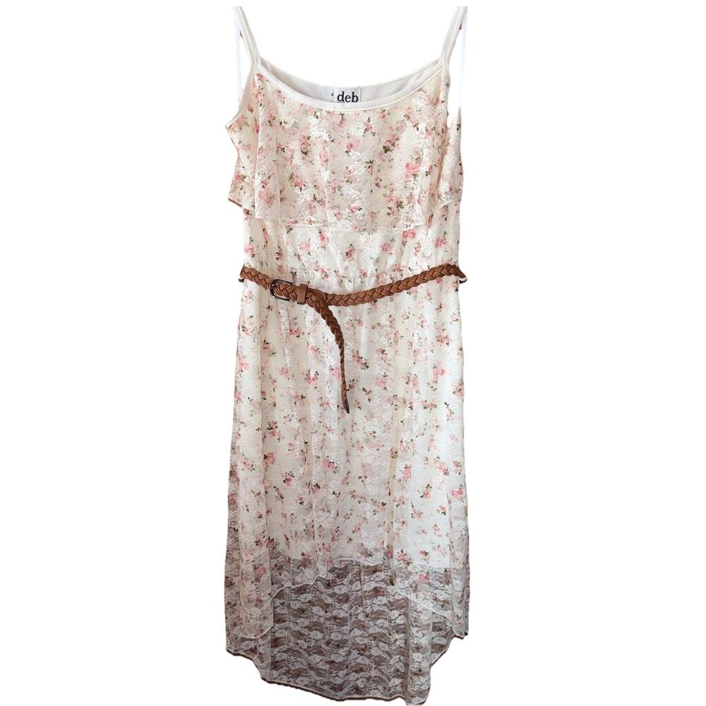 Deb White Lace Floral High Low Belted Dress Medium
